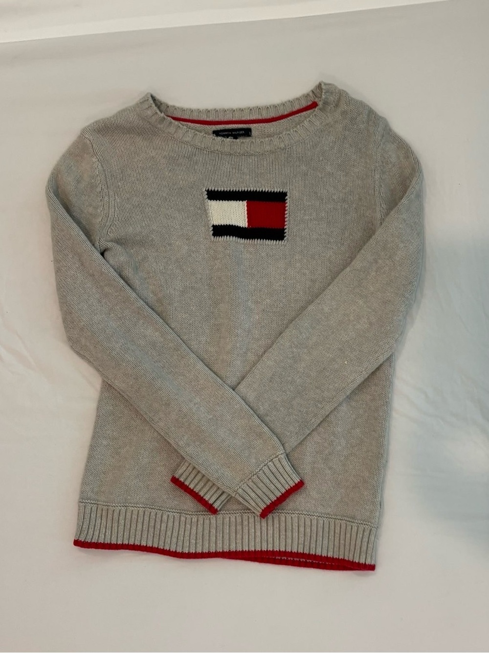 Tommy Hilfiger Light Gray Crewneck Sweater with Flag Patch